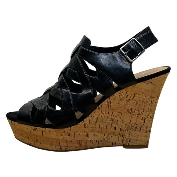 Nine West Women’s Black Leather Wedge Open Toe Josette Sandals Size 9M - Picture 4 of 9